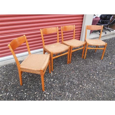 Mid Century Danish Modern Sweden Woven Rope Cord Teak Dining Chairs