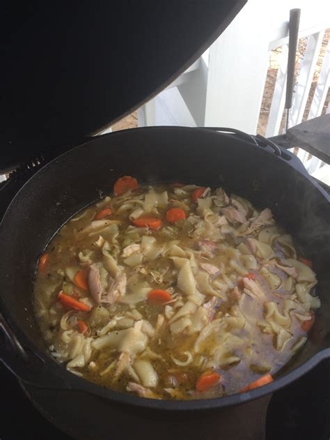 comfort food cast iron smoked chicken noodle soup — big green egg forum