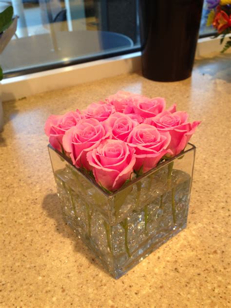 Pink Roses In Square Vase Pink Party Decorations Floral Gifts Pink