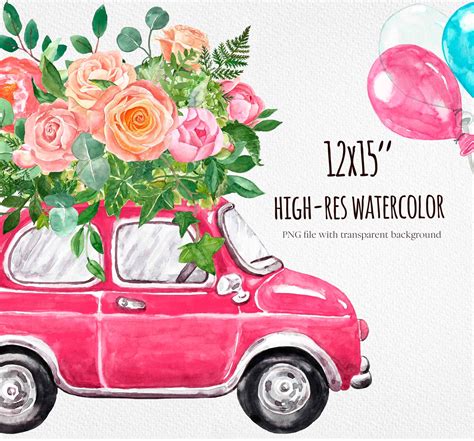 Watercolor Wedding Floral Car Clip Art Vintage Retro Pink Car Etsy