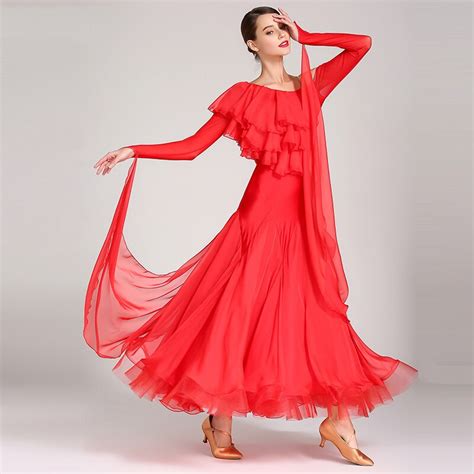 Sexy Red Ballroom Dance Dress For Woman Long Sleeves Waltz Tango Dance
