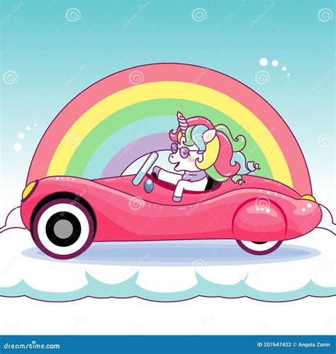 Cute Unicorn Driving A Pink Shiny Vintage Car Stock Vector