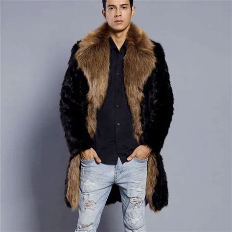 Men Winter Long Coat Thick Warm Faux Fur Outerwear Turn Down Collar