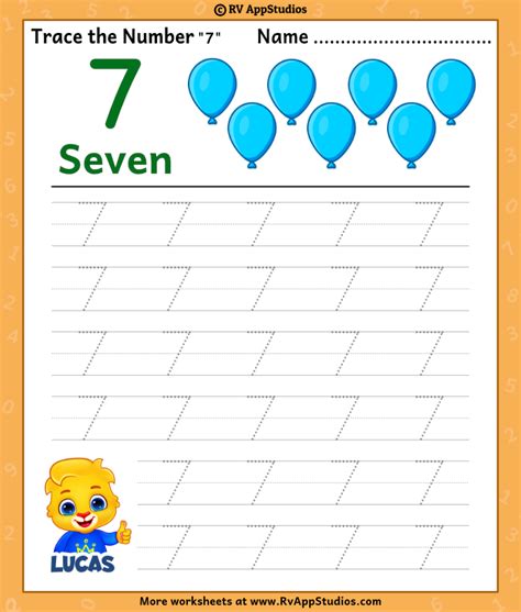 Trace Number 7 Worksheet For Free For Kids