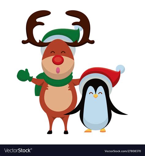 Happy Merry Christmas Reindeer And Penguin Vector Image