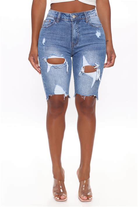 Novah Distressed Bermuda Shorts Medium Blue Wash Fashion Nova Jean
