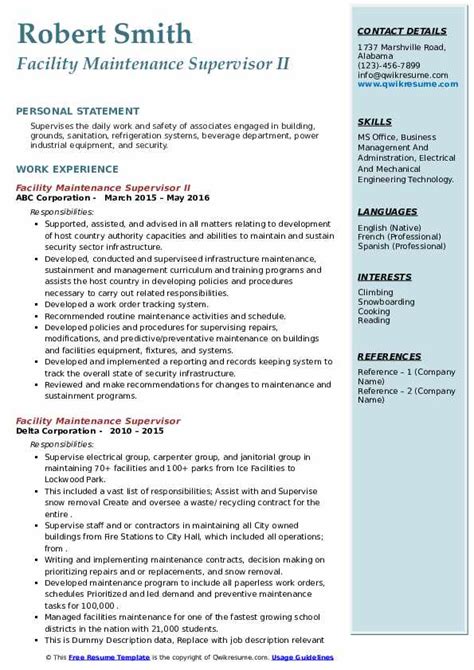 Thinking of responding to that ad for a utility maintenance supervisor position? Facility Maintenance Supervisor Resume Samples | QwikResume