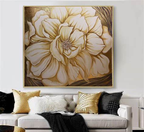 Large Gold Flower Wall Art Floral Painting Gold Leaf Etsy
