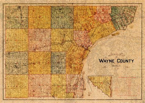 Map Of Wayne County Michigan Detroit Area Vintage Circa 1893 On Worn