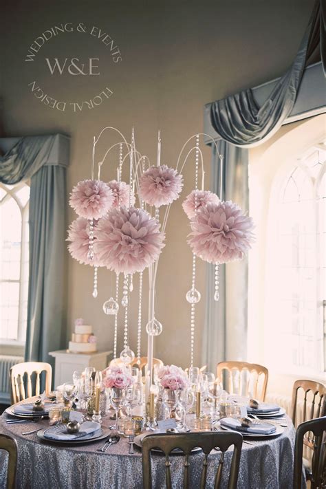 Stunning Dusky Pink Pom Poms With Crystal Droplets And Hanging Globe Tea