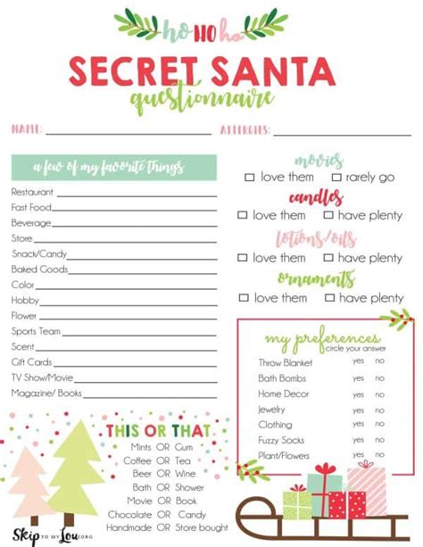 Secret Santa Questionnaire Skip To My Lou 7 Free Printable Secret