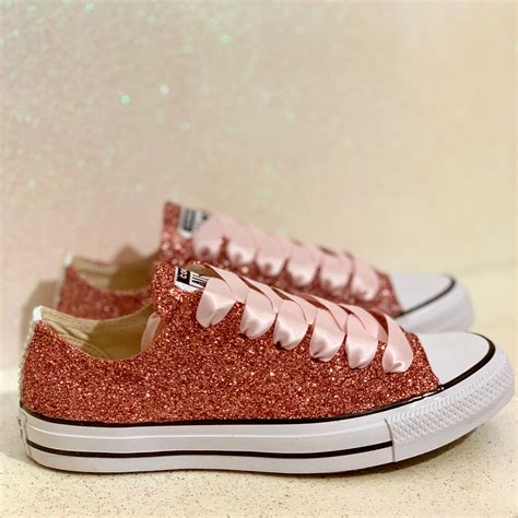 Womens Sparkly Rose Gold Pink Glitter Converse All Stars Bride Wedding