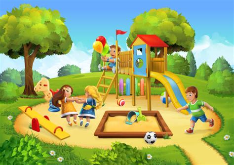 Best Happy Children Friends Playing In Park Swing Spring Nature Cartoon