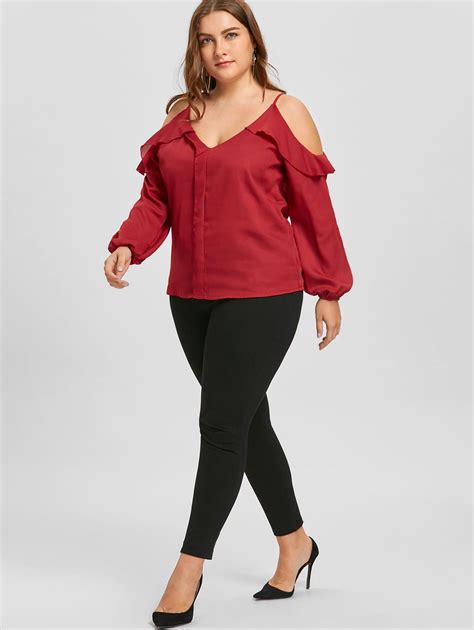 2018 Plus Size Ruffled Long Sleeve Chiffon Cold Shoulder Top Red Xl In