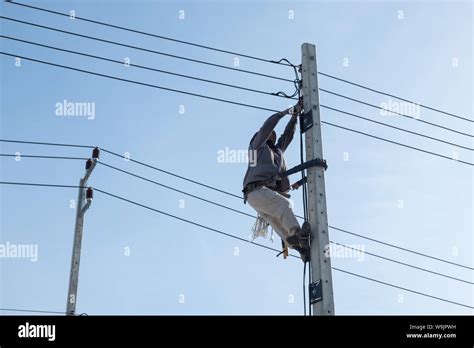 Electricty Power Lines Man Climbing Repair Man Repair Electrical