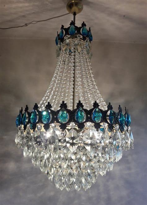 Vintage Brass Aqua Blue Crystal Chandelier Led Basket Ceiling Light