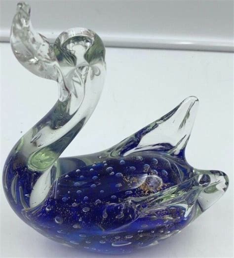 Murano Italy Glass Hand Blown Duck Figurine Blue Included Bubbles Gold Flecks 8 Ebay