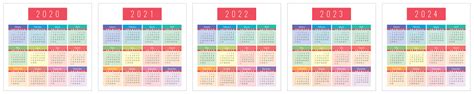 Calendar 2020 2021 2022 2023 And 2024 Years Colorful Vector Set Week