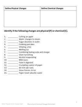 Physical changes affect the shape, size, and form of a substance. Physical and Chemical Properties and Changes Worksheet | TpT