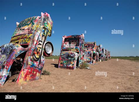 Row Of Old Spray Painted Cadillacs At Cadillac Ranch Route 66 Amarillo