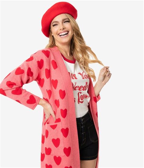 Pink And Red Hearts Open Long Cardigan Unique Vintage In 2020 Heart