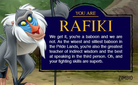 We all grew up on disney films that feature characters we recognize and feel some attachment to. I took Zimbio's 'Lion King' quiz and I'm Rafiki! Who are ...