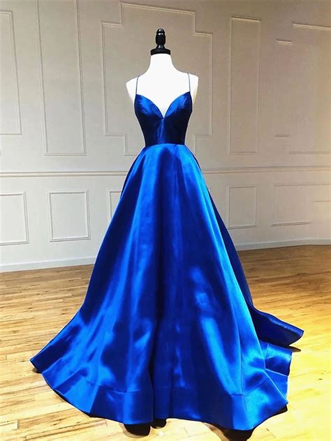A Line V Neck Royal Blue Backless Prom Dresses Open Back Royal Blue F