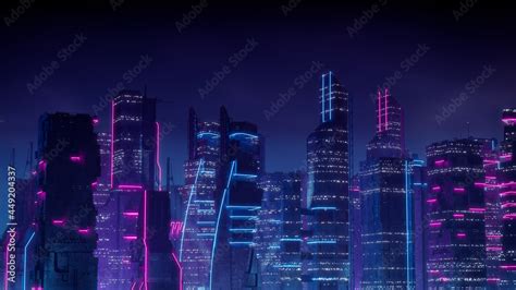 Cyberpunk City Skyline With Blue And Pink Neon Lights Night Scene With