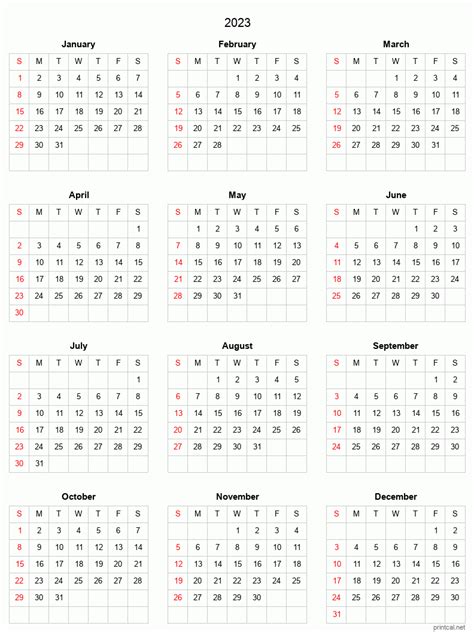 Full Year Calendar 2023 Printable One Page Free Letter Templates