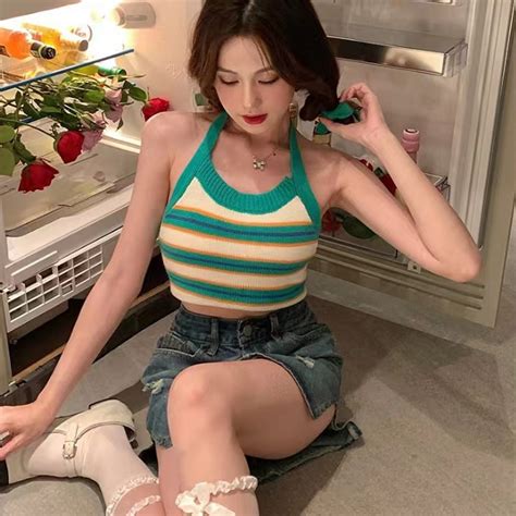 Korean Camisoles Summer Slim Fit Striped Halter Neck Camisole Women S Outerwear Knitted Tank Top