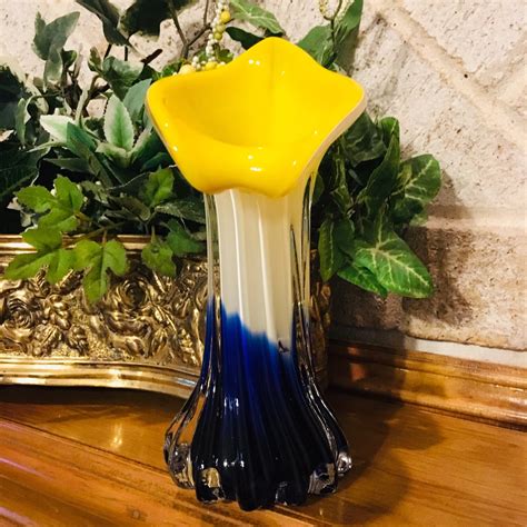 Murano Glass Jack In The Pulpit Vase In Yellow White And Cobalt Blue