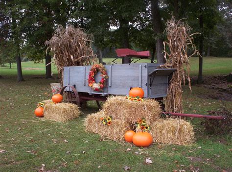 Wooden Wagon Decorated For Thanksgiving Fall Outdoor Decor Yard