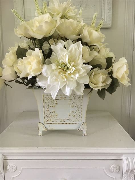 White Silk Flower Arrangement Rose Centerpiece Floral