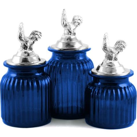 Cobalt Blue Ribbed Glass Canister Set With Rooster Lid Set Of 3