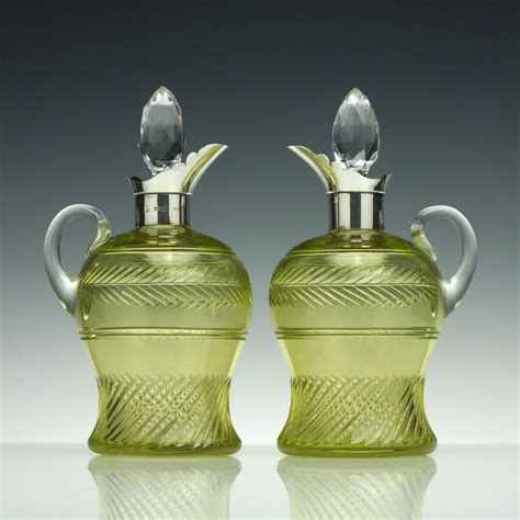 Pair Of Victorian Silver Top Vaseline Glass Claret Jugs C1905 Jugs