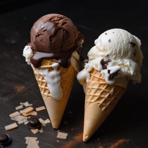 Premium AI Image Two Ice Cream Cones With Chocolate And Vanilla Ice With A Chocolate Chip On