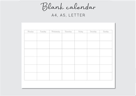 Blank Calendar Printable Journal Calendar Monthly Planner Minimalist