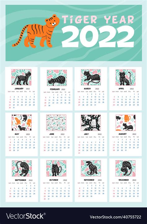 Vertical Tiger Calendar For Next 2022 Year Vector Image