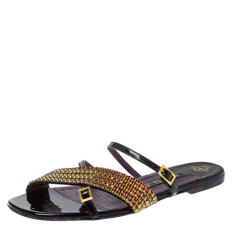 Gina Multicolor Crystal Embellished Patent Leather Flat Slide Sandals Size 385 Gina The