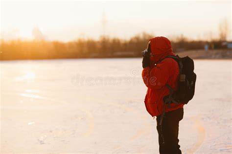 Photographer Take Pictures On The River Bank In Winter Stock Image Image Of Season Beauty