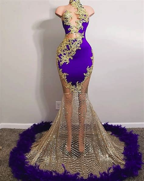 Luxury Purple Mermaid Prom Dresses 2023 Pearls Lace Feathers Crystals