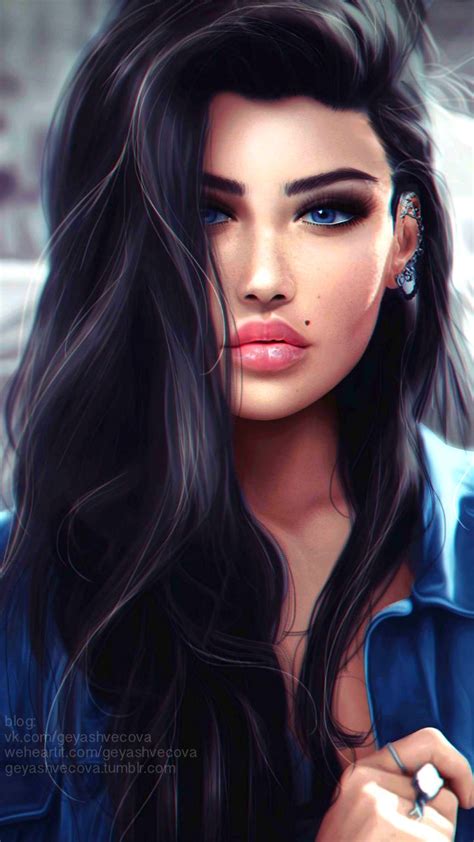 A Painting Of A Woman With Long Black Hair And Piercings On Her Ear Wearing A Blue Shirt