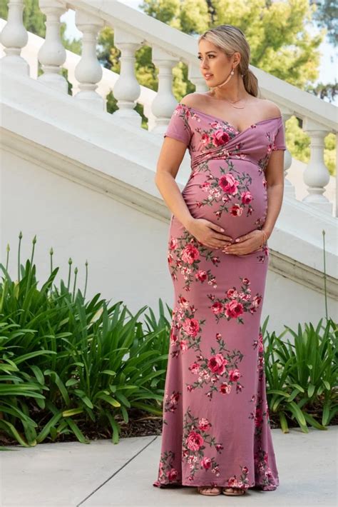 Mauve Floral Off Shoulder Wrap Maternity Photoshoot Gowndress Pink Blush Maternity Dress