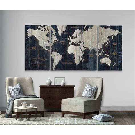 Old World Map Blue 3 Piece Wrapped Canvas Graphic Art Print Set