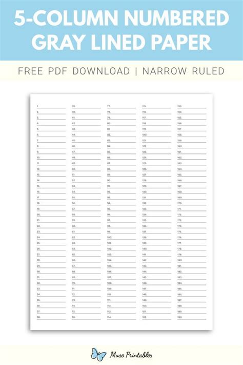 Free Printable 5 Column Numbered Gray Lined Paper Narrow Ruled Paper