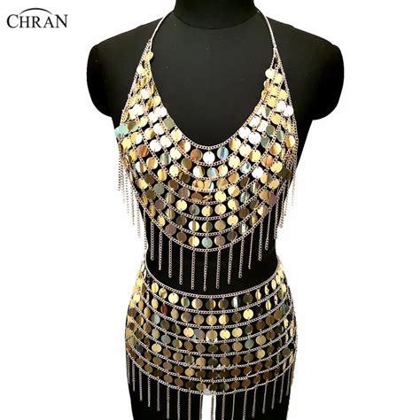 chran gold sequin mermaid dress chainmail bralette harness necklace festival bra crop top