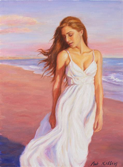 A Painting Of A Woman In A White Dress Walking On The Beach With Her