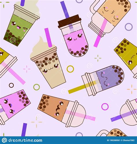 Kawaii Seamless Pattern With Boba Bubble Milk Tea On Violet Background