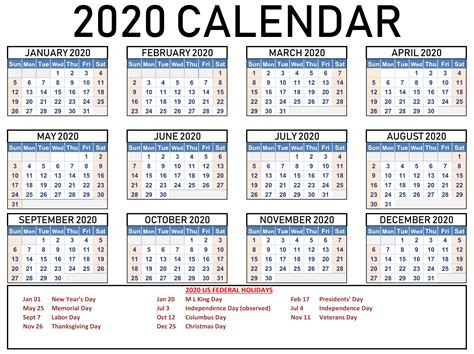 Get Free Printable 2020 Calendar With Holidays Calendar Printables