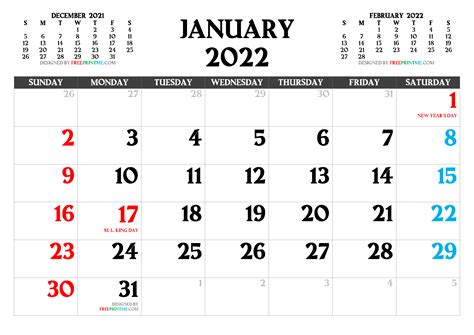 Free Printable January 2022 Calendar Pdf Png Image